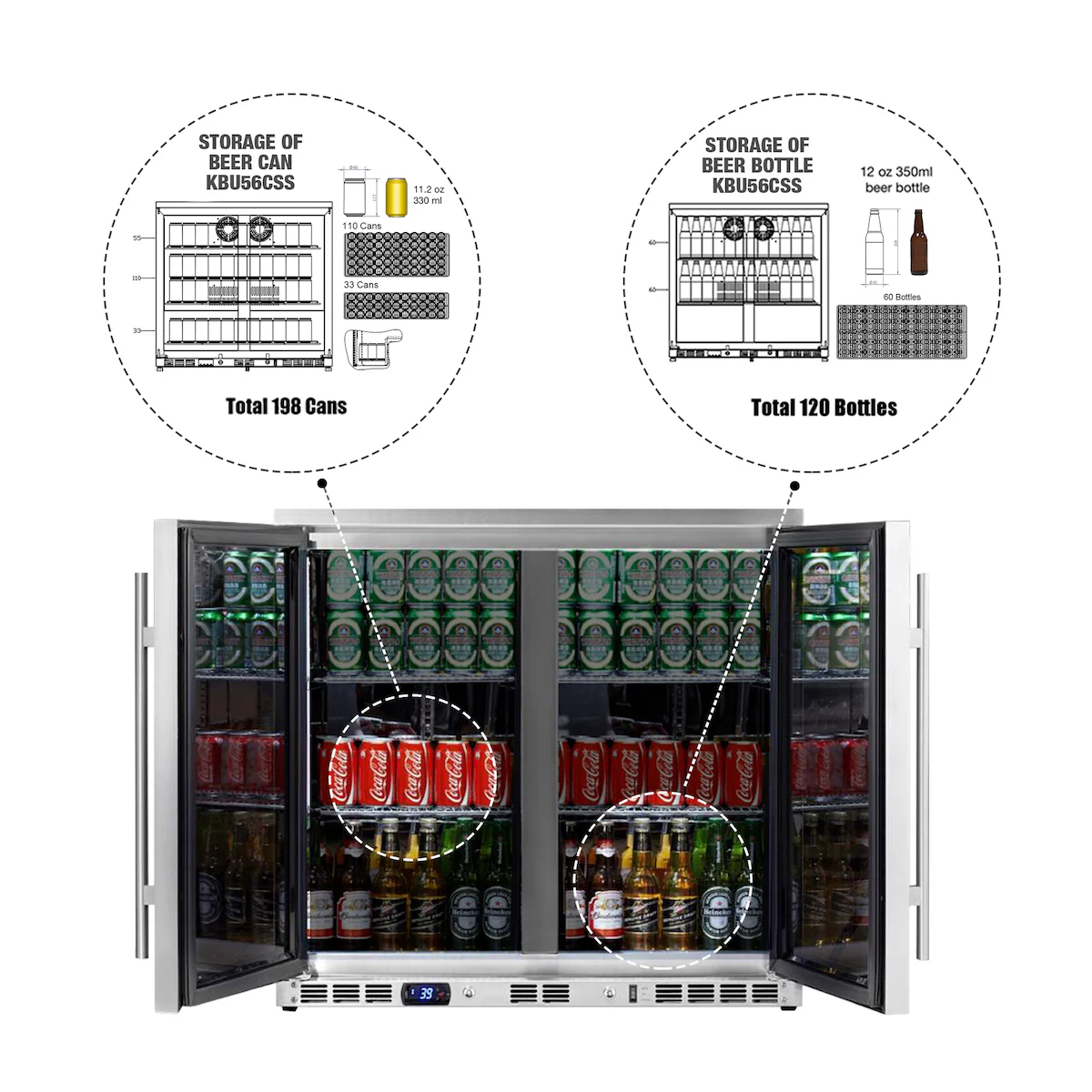 36_inch_heating_glass_double_door_built_in_beverage_fridge_KBU56M_Capacity